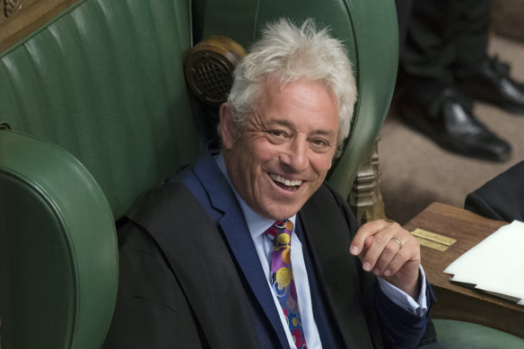 Speaker of the House John Bercow laughs after announcing he will be standing down, in the House of Commons in London.