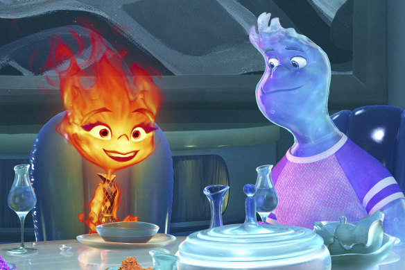 Fiery Ember (voiced by Leah Lewis) and watery Wade (Mamoudou Athie) are opposites attracted to each other in Elemental.