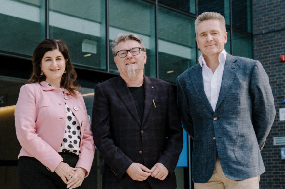 The founders of Bienco (left to right) Danielle Fisher (CEO), Gordon Wallace (Professor, University of Wollongong) and Gerard Sutton (Professor of Ophthalmology, University of Sydney).