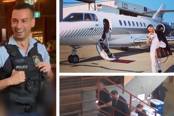 Beau Lamarre-Condon in his police uniform, standing next to a private jet and in handcuffs at Bondi Police Station