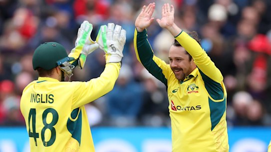 Travis Head celebrates after taking the wicket of Brydon Carse in Bristol on Sunday.
