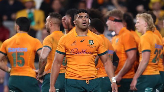 The Wallabies during their loss to Argentina at CommBank Stadium on Saturday.