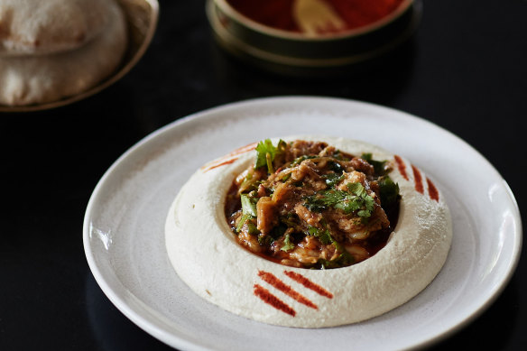 Tom Sarafian’s signature hummus topped with prawn and spanner crab.