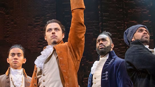 Shaka Cook (far right) as Hercules Mulligan in the Australian production of Hamilton.
