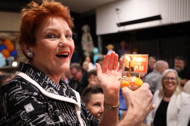 One Nation Leader Pauline Hanson is wished happy birthday in Childers, Queensland. 