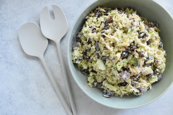 Creamy broccoli, dried cranberry, risoni and grape salad.
