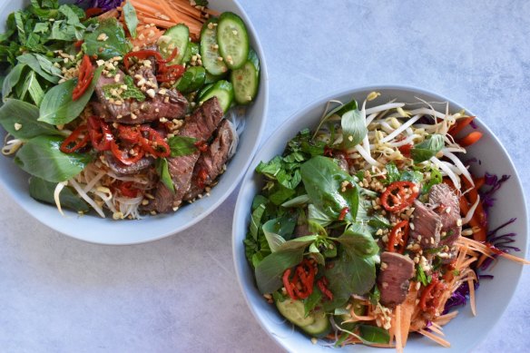 Juicy marinated beef, crunchy vegetables and noodles make this salad a textural delight.