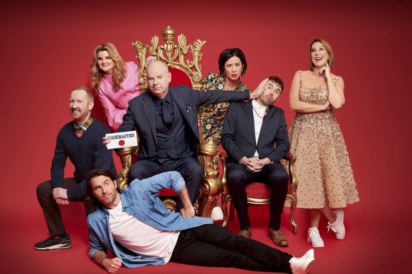 The cast of Taskmaster Australia (from left) Luke McGregor, Danielle Walker, Tom Gleeson, Nina Oyama, Tom Cashman, Julia Morris and (lying down) Jimmy Rees.