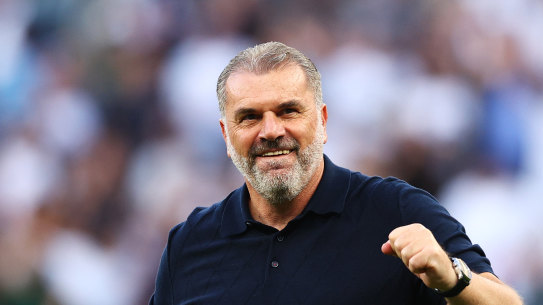 Ange Postecoglou celebrates after Spurs beat Manchester United.