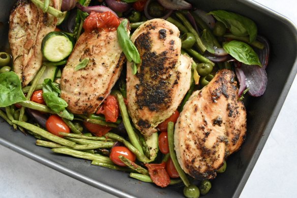 A drizzle of lemon juice and a scatter of basil leaves and feta adds spark to this one-tray wonder.