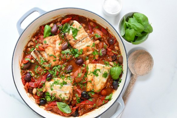  Mediterranean-style dishes such as Sarah Pound’s one-pan fish with cherry tomatoes, olives and cannellini beans can help sleep quality.