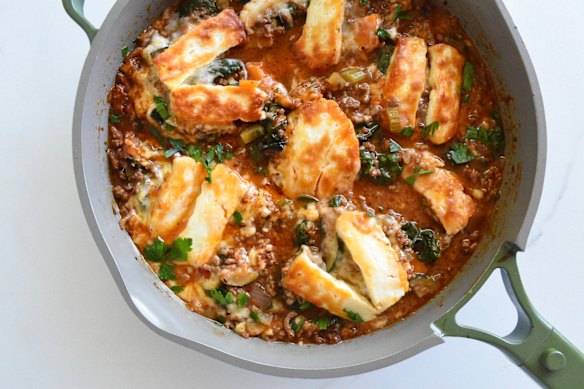 This comforting beef, cherry tomato and halloumi bake comes together without fuss.
