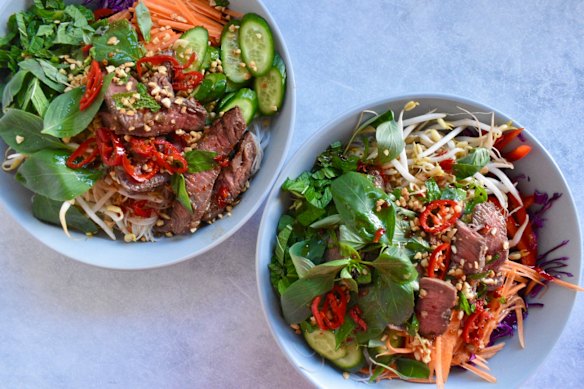 Juicy marinated beef, crunchy vegetables and noodles make this salad a textural delight.