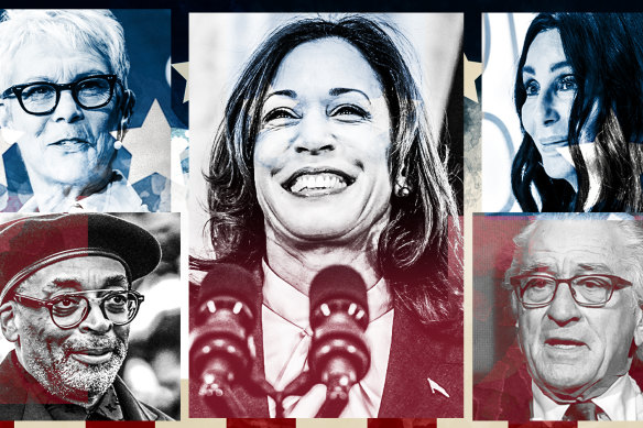 Celebrities including Jamie Lee Curtis, Spike Lee, Cher and Robert De Niro have expressed support for Kamala Harris (centre).