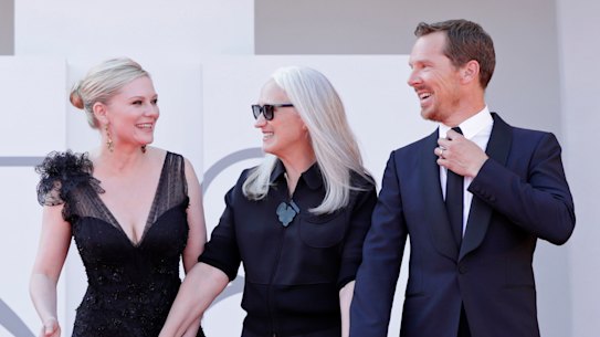 Kirsten Dunst, Jane Campion and Benedict Cumberbatch at the Venice Film Festival red carpet of the movie “The Power Of The Dog”.