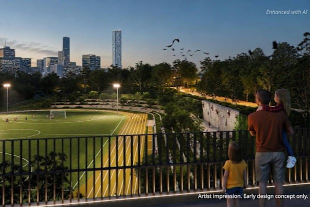 A new masterplan for Victoria Park reveals pedestrian bridges, wetlands and public spaces designed to become the Brisbane 2032 Olympic Games’ lasting legacy, but key costings remain unknown as public consultation begins.