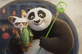 Shifu (left, voiced by Dustin Hoffman)  and Po (Jack Black) return in Kung Fu Panda 4.