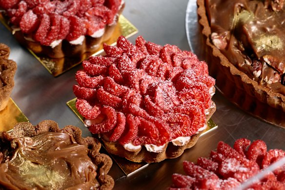 Eclair at the Bay's white chocolate ganache tart with raspberry coulis. 