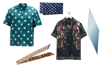 (L-R) Commas polka-dot shirt, $356, Matchesfashion; Logo scarf, $300, Burberry; Polka-dot scarf, $150, Paul Smith; To The Gypsy shirt, $249, Camilla; Sunset slim lozenge, $750, Hermes.