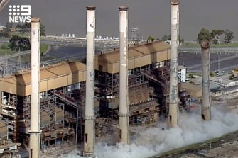 The demolition of the chimneys at Hazelwood Power Station.