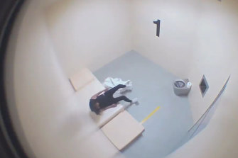 Tanya Day in the Castlemaine police cell where she hit her head at least five times.