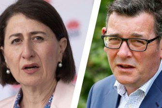 Victorian Premier Daniel Andrews (right) says NSW Premier Gladys Berejiklian (left) is in a â€œsprint while the rest of us are supposed to do some egg and spoon thingâ€.