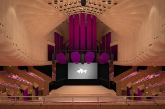 A render of the completed renovation of the Concert Hall at the Sydney Opera House. 