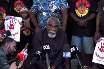 Warlpiri elder Ned Jampijinpa Hargraves speaks to the media outside the court where Zachary Rolfe was acquitted on Friday.