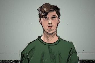 A court sketch of Nathan Hetherington.