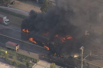 Trucks on fire in Victoria Street, Wetherill Park, in Sydney’s west after an accident.
