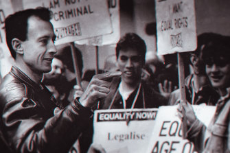 Peter Tatchell with supporters in a scene from the documentary.