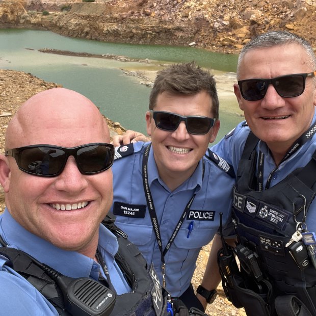 Sergeant Dan Major (centre) with Meekathara officers Constable Hemmings and Sergeant Davy.