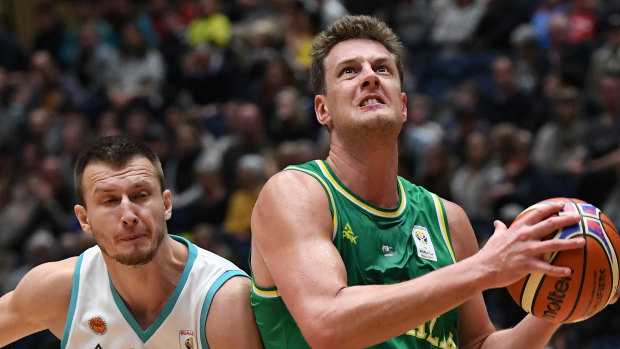 Boomer Daniel Johnson (right) and Denis Degtyarev of Kazakhstan battle it out when the two teams came up against each other in  Bendigo last year.