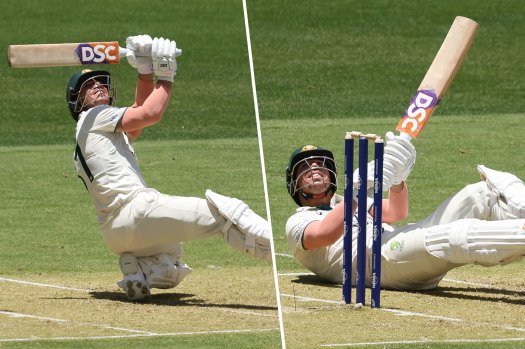 David Warner was left flat on his back playing a ramp shot for six.