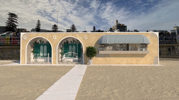 An artist impression of the Italian-inspired beach club proposed for Bondi Beach, which is reminiscent of the architecture as the Bondi Pavilion.