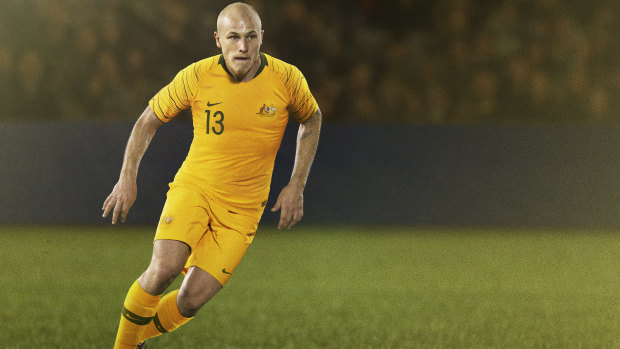 Goldplay: Aaron Mooy models the Socceroos' 2018 World Cup uniform. 