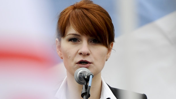 Maria Butina, leader of a pro-gun organisation in Russia, speaks to a crowd during a rally in support of legalising the possession of handguns in Moscow, Russia, in 2013.