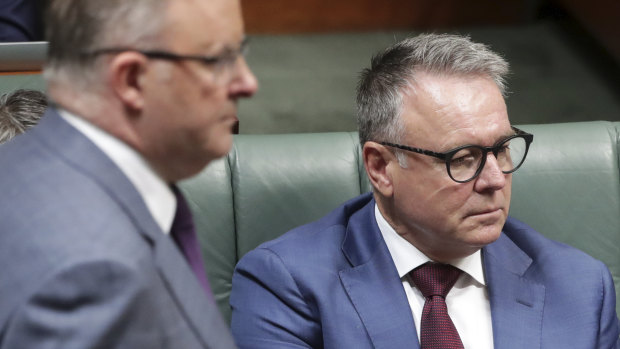Labor MP Joel Fitzgibbon and Opposition Leader Anthony Albanese  during Question Time on Thursday.