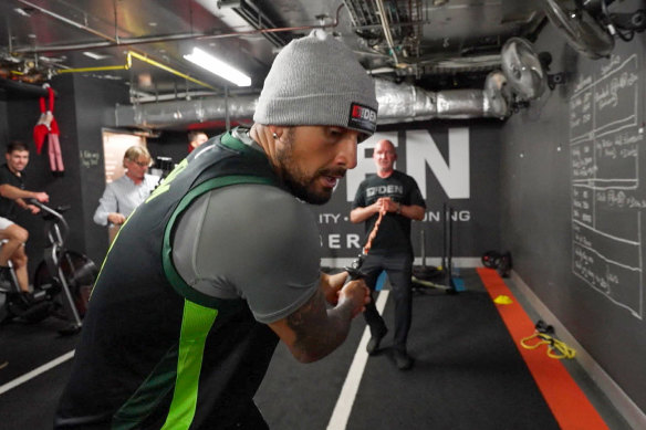 Nick Kyrgios hard at work at The Den in Canberra.
