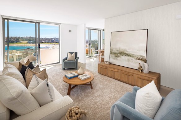 The two-bedroom, one-bathroom apartment in a boutique block of six offers uninterrupted views of Bondi Beach.