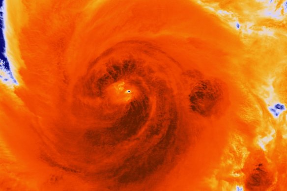 In this infrared image, dark areas show the most intense energy swirling through Hurricane Sandy over Cuba in 2012.