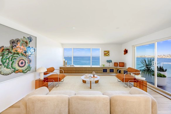 The dual-level residence is in a boutique block of six with neutral interiors and offers uninterrupted ocean views.