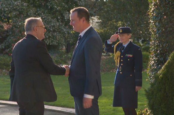 Prime Minister Anthony Albanese is welcomed to Yarralumla this afternoon for the issuing of the writs for the Voice referendum.