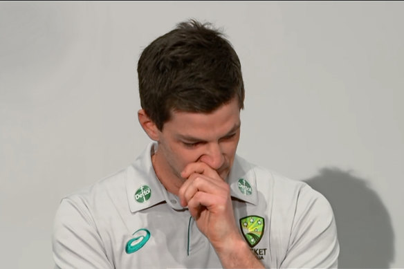 Tim Paine during his public resignation as Australian men’s Test captain in November 2021.