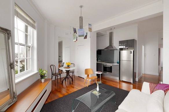 The two-bedroom, fourth floor apartment at Rushcutters Bay is on a tree-lined street with easy access to cafes and restaurants. 
