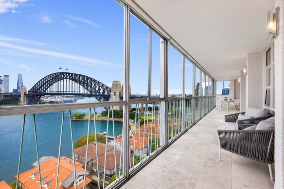 The two-bedroom, two-bathroom apartment offers stunning views of the Harbour Bridge and Opera House.