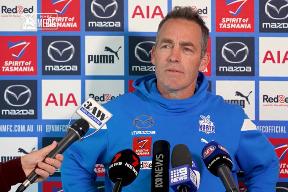North Melbourne coach Alastair Clarkson addresses the media on Thursday.