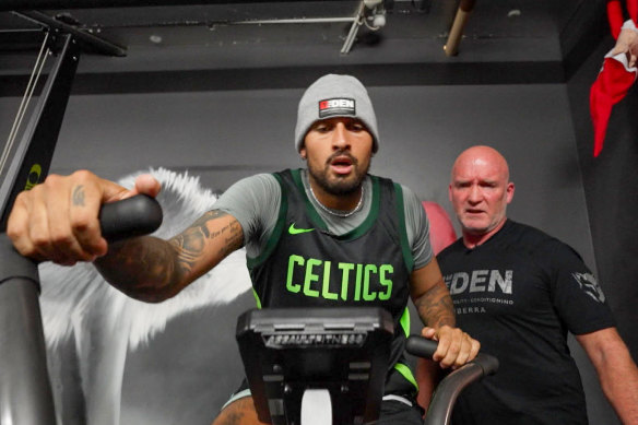 Kyrgios hard at work in the gym.