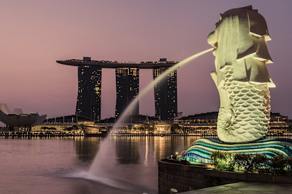 Singapore’s “Merlion” was first unveiled in 1972, the fish body a nod to its origins as a fishing village, the lion’s head for Singapura, “lion city” in Sanskrit. In the distance is the Marina Bay Sands hotel and casino, which opened in 2010.

 