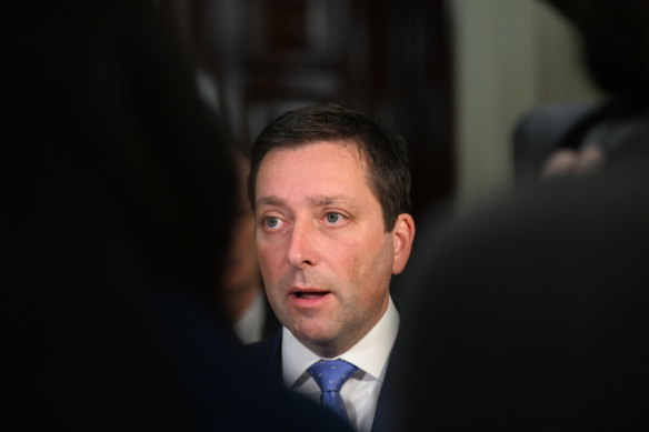 Victorian Opposition Leader Matthew Guy addressing the media in May after a Liberal Party meeting resulted in controversial MP Bernie Finn being expelled from the party.